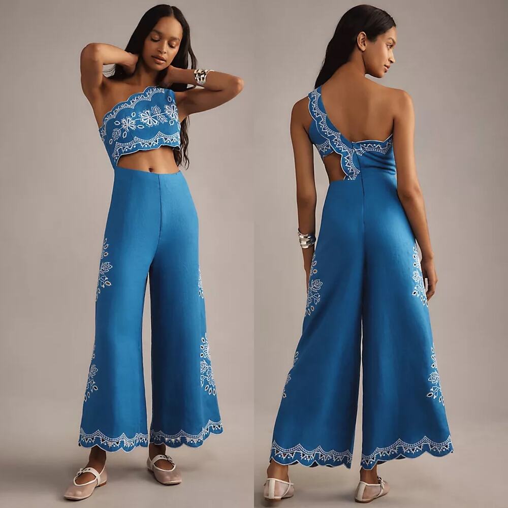 NWT Anthropologie Farm Rio One Shoulder Embroidered Cut Out Linen Jumpsuit Large - Picture 2 of 16